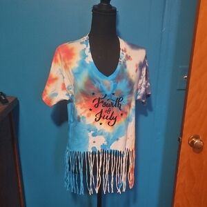 Hanes Tie-Dye "Fourth of July" Fringe Short Sleeve Tee - Blue, Red, White